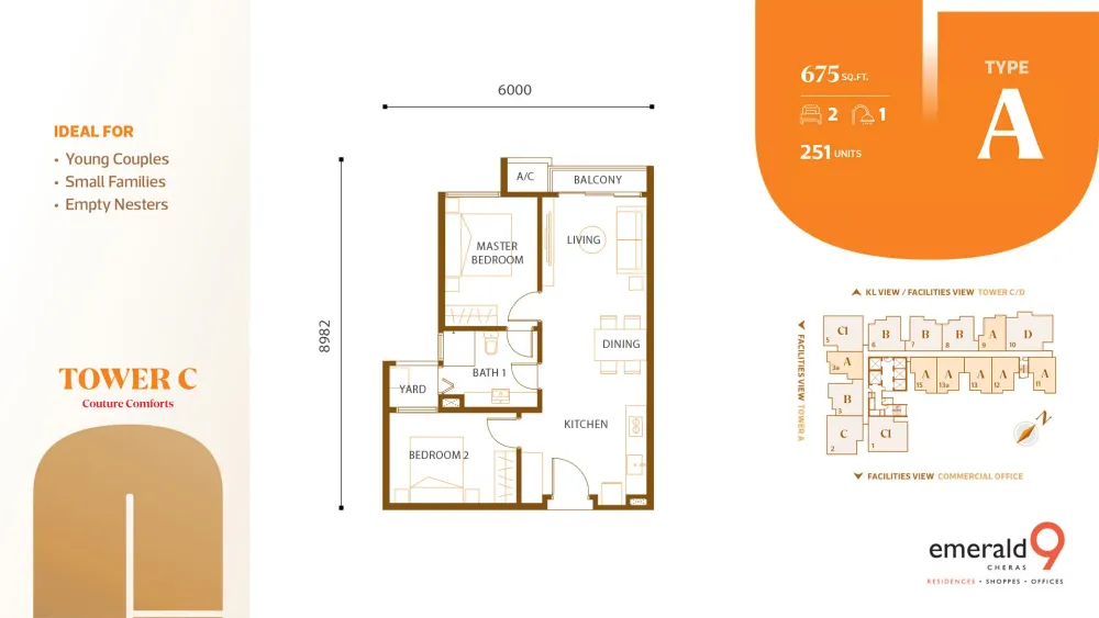 Tower C Type A detailed floor plan with room dimensions, 675 sq ft, 2 bedroom 1 bathroom