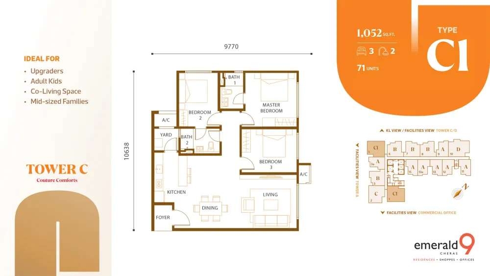 Tower C Type C1 detailed floor plan with room dimensions, 1,052 sq ft, 3 bedroom 2 bathroom
