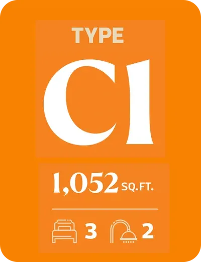 Tower C Type C1 floor plan, 1,052 sq ft, 3 bedroom 2 bathroom