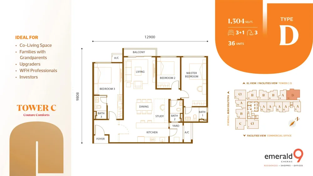 Tower C Type D detailed floor plan with room dimensions, 1,304 sq ft, 3+1 bedroom 3 bathroom